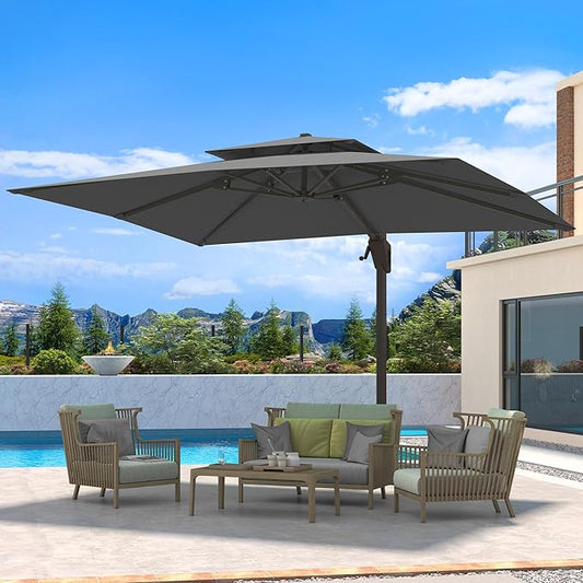 10 X 13 FT Cantilever Patio Umbrella Outdoor Heavy Duty Double Top Windproof Rectangle Offset Umbrellas with 360-degree Rotation for Pool Deck Backyard, Grey