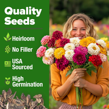 HOME GROWN 𝗨𝗦𝗔 𝗣𝗥𝗘𝗠𝗜𝗨𝗠 Zinnia Dahlia Seeds Pack for 2025 – 524 𝗡𝗢𝗡-𝗚𝗠𝗢 Flower Seeds | Vibrant Zinnia Elegans for Pollinator Gardens, Borders & Containers | Easy-to-Grow Outdoor Blooms