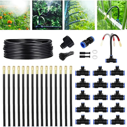 49.21Ft Greenhouse Drip Irrigation Kit Automatic Irrigation System 360°Adjustable 15 Brass Spray Nozzles 8mm Irrigation Tubing Hose Patio Misting Plant Watering with Blank Distribution Tubing Hose