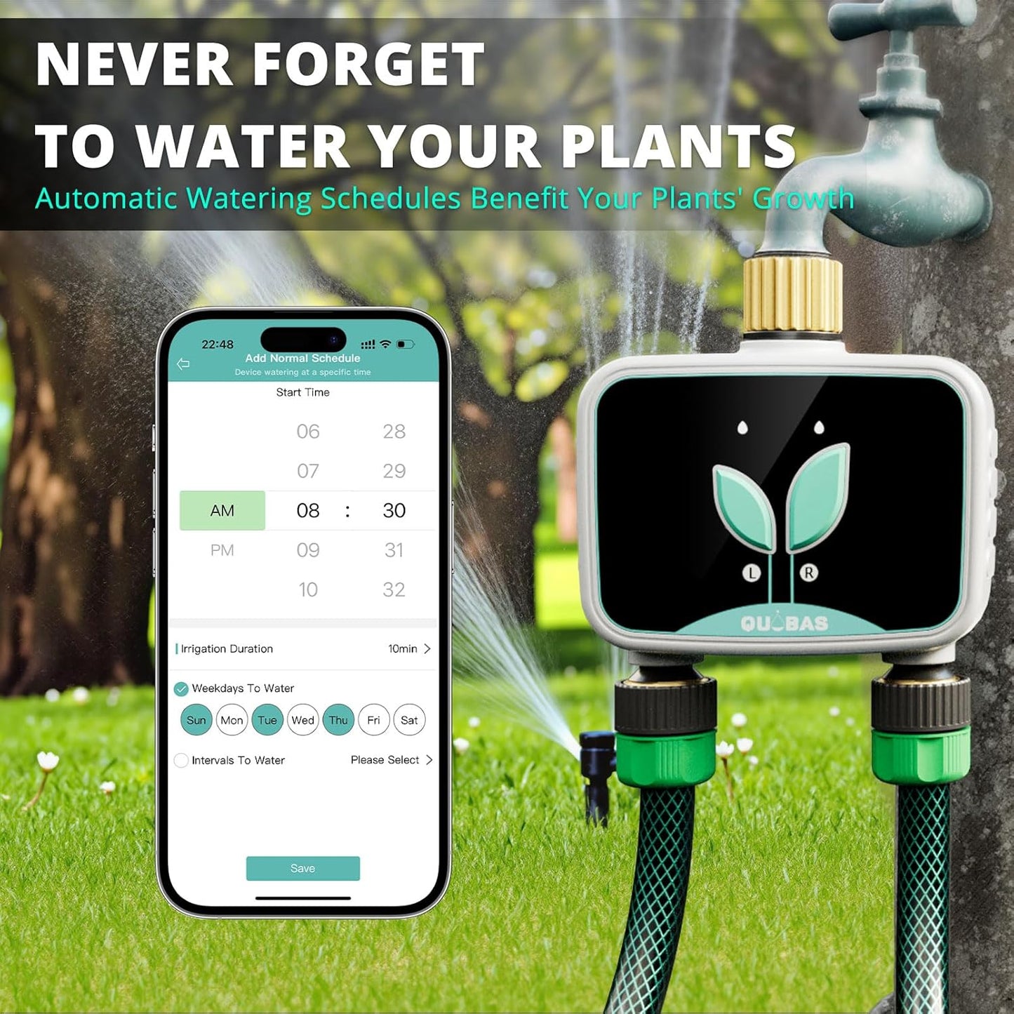 QUOBAS WiFi Sprinkler Timer with Brass Inlet & Outlet, 2-Zone Smart Water Timer for Garden Hose with APP Remote Control, Manual Watering, Rain Delay Watering, for Lawn, Garden