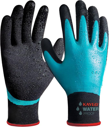 KAYGO Waterproof Work Gloves for Men and Women, Rubber Coated Non-slip Working Gloves for Garden, Outdoor Construction,KG150,Blue,S