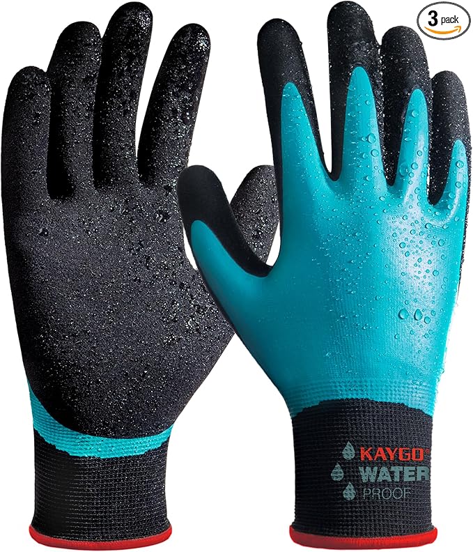KAYGO Waterproof Work Gloves for Men and Women, Rubber Coated Non-slip Working Gloves for Garden, Outdoor Construction,3 pairs,Blue,S