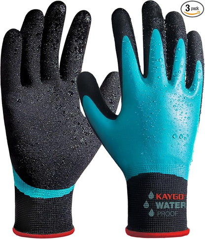 KAYGO Waterproof Work Gloves for Men and Women, Rubber Coated Non-slip Working Gloves for Garden, Outdoor Construction,3 pairs,Blue,S