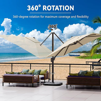 9' X 12' Cantilever Patio Umbrella with Base Included 360°Rotation Rectangular Outdoor Large Offset Umbrellas Heavy Duty Windproof for Garden Deck Pool, Beige