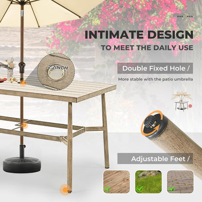 HAPPATIO Patio Table for 6, Large Modern Rectangle Outdoor Dining Table with Umbrella Hole and Adjustable Feet, All Weather Aluminum Patio Table for Garden, Backyard and Poolside, Brown