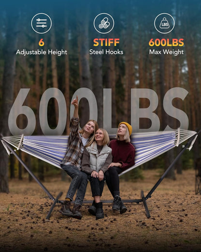 Double Hammock with Heavy-Duty Steel Stand,Portable,Easy Assembly,600lbs Weight Capacity,Perfect for Indoor,Yard,Camping,or Outdoor-BlueWhite