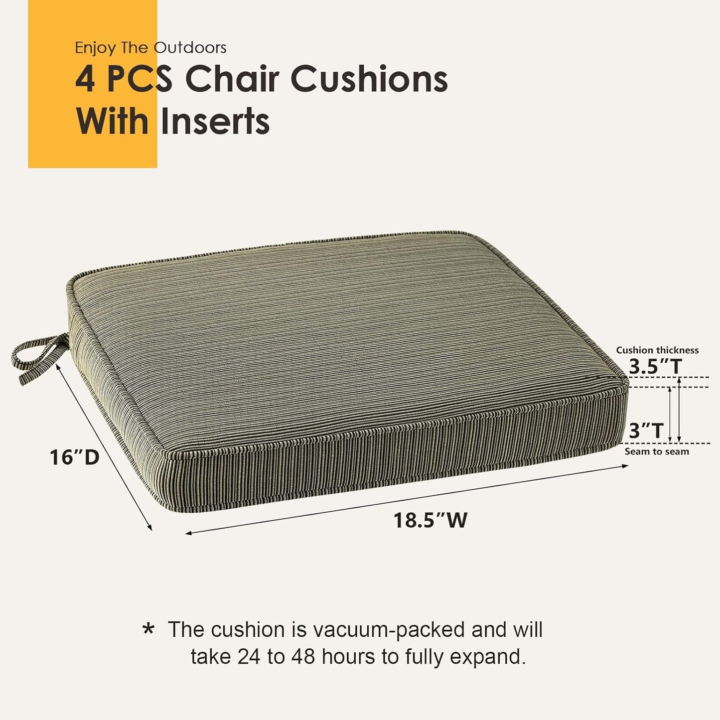 Outdoor Square Corner Seat Cushion, 18.5"x16"x3", Set of 4, Non Slip Seat Cushion Pads with Removable Cover for Patio Furniture, Garden Yard Lawn, Dark Black Tan Stripe