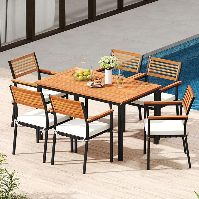 Tangkula 7-Piece Patio Dining Set, Outdoor Acacia Wood Cushioned Chairs and 51”-64” Expandable Rectangular Table Set, with Umbrella Hole, 6 Stackable Armchairs, for Poolside Garden (Off White)