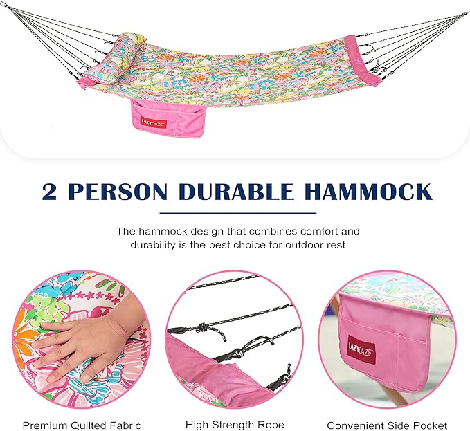 Lazy Daze Hammocks 12 FT Quilted Fabric Hammock with Curved Aluminium Spreader Bar, Outside Double Thickened Hammock with Soft Pillow, Side Pocket 450 Lbs Capacity for Patio, Poolside, Floral