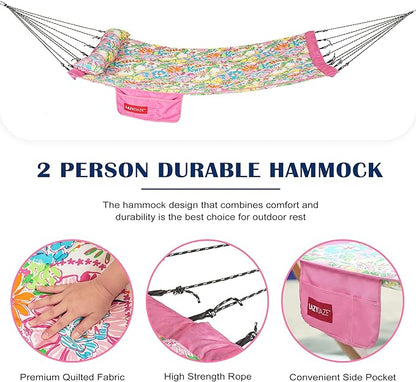 Lazy Daze Hammocks 12 FT Quilted Fabric Hammock with Curved Aluminium Spreader Bar, Outside Double Thickened Hammock with Soft Pillow, Side Pocket 450 Lbs Capacity for Patio, Poolside, Floral