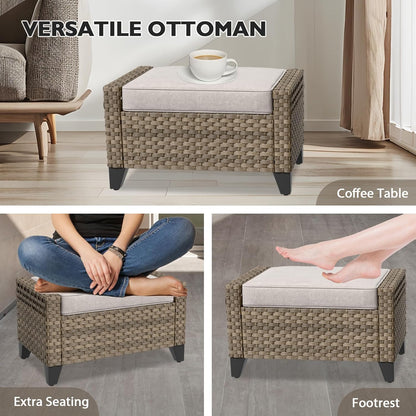 EAGLE PEAK Modern Wicker Outdoor Chair, Patio Chair Curved Armrest, Rattan Patio Furniture for Yard Deck Porch Garden, 2 Chairs 2 Ottomans, 4 Pieces, Brown/Gray