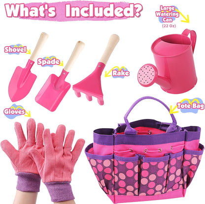 Kids Gardening Tools Set, Toddler Play Kit Child Outdoor Toy with Gloves, Watering Can, Metal Shovel, Rake, Spade & Storage Bag, Backyard Sand Digging Birthday for Boys Girls 3-5 (Pink)