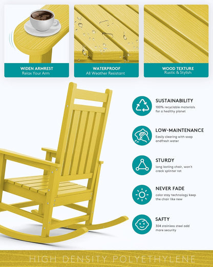 SERWALL HDPE Rocking Chair, Outdoor Rocking Chair for Adults, All Weather Porch Rocker for Lawn Garden, Yellow