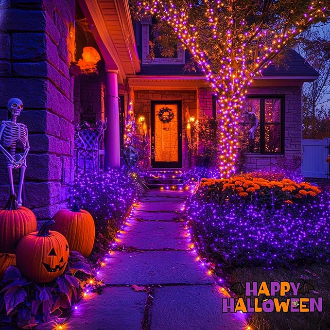 JMEXSUSS Orange and Purple Solar Halloween Lights, 2 Pack Total 400 LED Solar String Lights Outdoor Waterproof, 8 Modes Halloween Light for Outside Patio Yard Tree Decorations