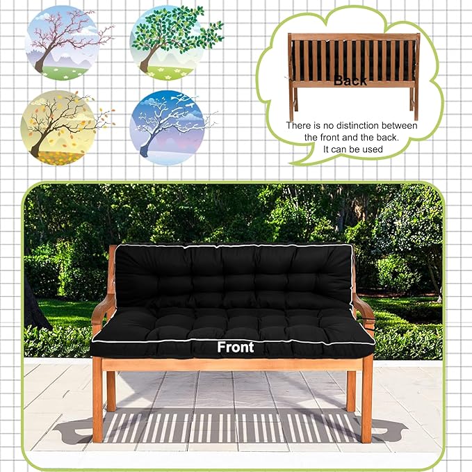 Swing Replacement Cushions with Backrest, 2 or 3 Seater Waterproof Non-Slip Overstuffed Swing Pad, Indoor/Outdoor Bench Cushion for Porch Chair Swings Garden Furniture (Black, 40 * 55 in)