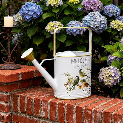 Vintage Decorative Metal Watering Can - Welcome to My Garden with Charming Bird & Floral Design, Rustic Farmhouse Watering Pot Planter for Indoor/Outdoor Plant Care
