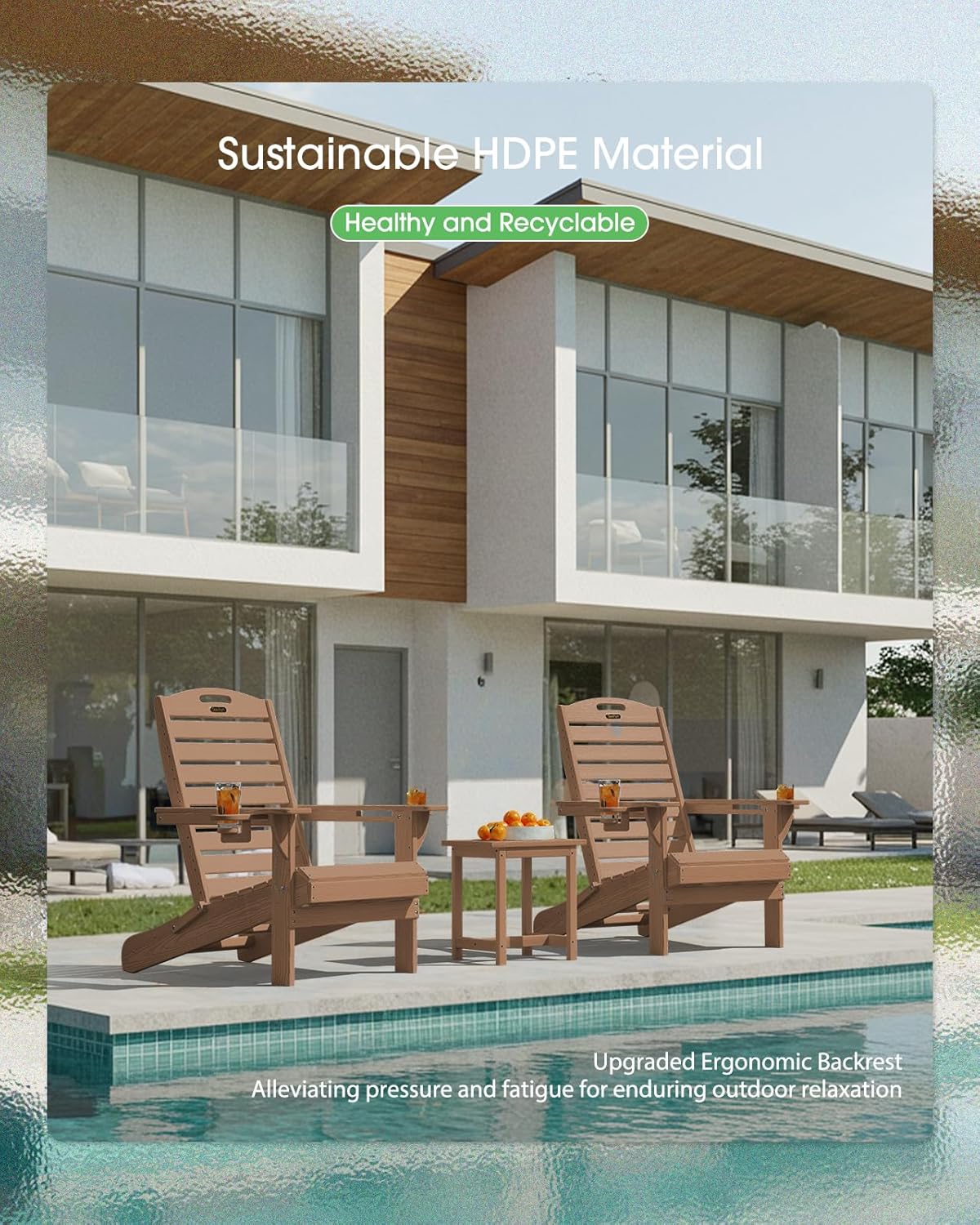 Folding Adirondack Chair HDPE All-Weather Adirondack Chairs with Cup Holder, Outdoor Fire Pit Chairs Lawn Chair for Deck Patio Garden (Teak)