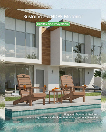 Folding Adirondack Chair HDPE All-Weather Adirondack Chairs with Cup Holder, Outdoor Fire Pit Chairs Lawn Chair for Deck Patio Garden (Teak)