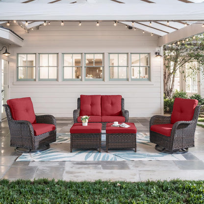 5 Piece Outdoor Patio Furniture Set - Wicker Furniture Patio Conversation Set, Outdoor Swivel Rocker Chairs with Loveseat Sofa and 2 Ottomans for Small Space, Red Cushion