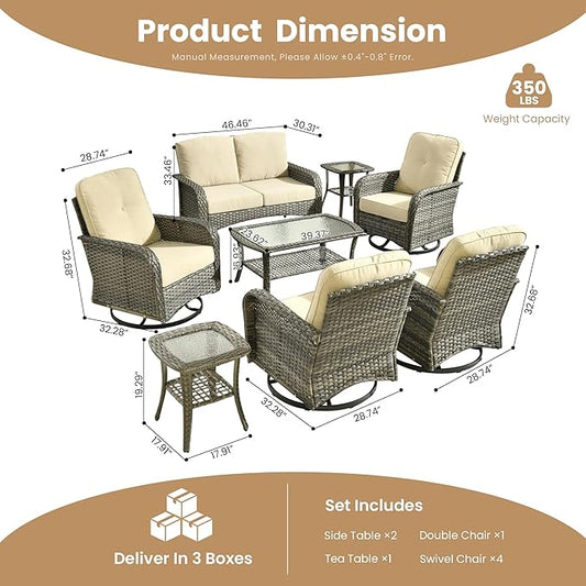 8-Piece Wicker Patio Furniture Set, All-Weather Rattan Conversation Bistro Loveseat Chair and Patio Rockers Set for Backyard, Balcony and Deck with Soft Cushions and Metal Table(Beige)