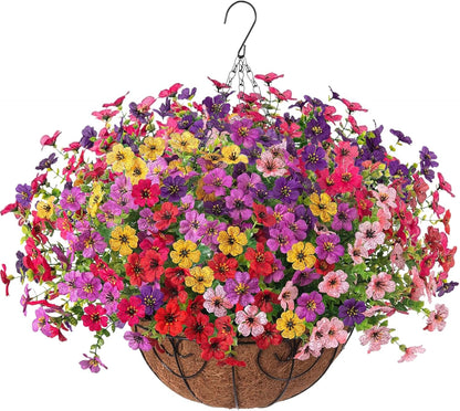 Artificial Fake Hanging Plants Flowers with Basket Outdoor Decor Faux Silk Dasiy Flower Arrangements in Pot Planter for Porch Home Indoor Patio Garden Yard Decoration