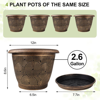12 Inch Large Planter Pot for Plants Indoor Outdoor, 4 Pack Plastic Flower Pots with Drainage Hole & Tray, Modern Decorative Garden Pot with Saucer, Plant Container for House