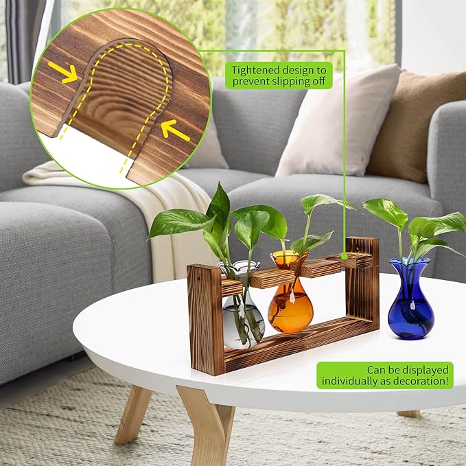 Plant Propagation Station Plant Terrarium Unique Birthday Gifts for Women Home Office Decor Planter with Wooden Stand - 3 Bulb Glass Vase