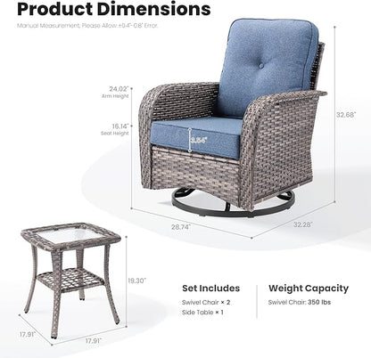 ovios 3 Pieces Patio Furniture Set, Outdoor Rocking Chairs of 2, Wicker Swivel Glider Chairs with Side Table Thick Cushions, All Weather Rattan Bistro Set for Porch, Denim Blue