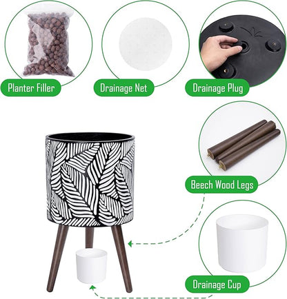 D'vine Dev 12 Inch Planter Pot with Stand, Mid-Century Tall Plant Pot with Legs for Indoor Plants, Large, White/Grey, 88-L-C-7