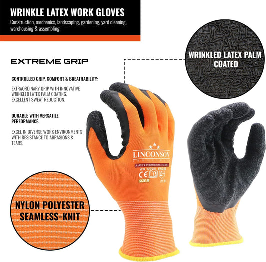 linconson 12 Pack Safety Performance Series Construction Mechanics Wrinkle Latex Work Gloves