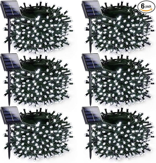 6 Pack Solar Christmas Lights Outdoor Waterproof, 600 LED 198 FT Solar Powered String Lights Outdoor with Green Wire 8 Lighting Modes, Christmas Tree Light for Xmas Fence Party Yard Decor, Cool White