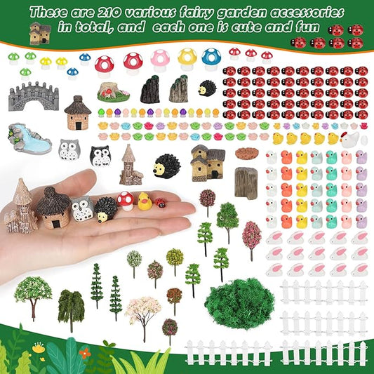 Thrilez 210 Pieces Miniature Fairy Garden Accessories, Including Resin Animals, Miniature Figurines, Micro Landscape Ornaments Kit, Fake Diorama Trees for Fairy Garden Decor