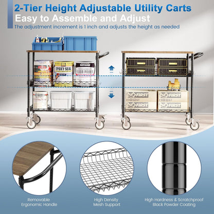 Leteuke Rolling Kitchen Carts with Wheels, 34" L x 17.5" W, 3-Tier Heavy Duty Utility Cart with Wood Tabletop, NSF Commercial Metal Serving Cart with Handle and Shelf Liner for Kitchen, Black