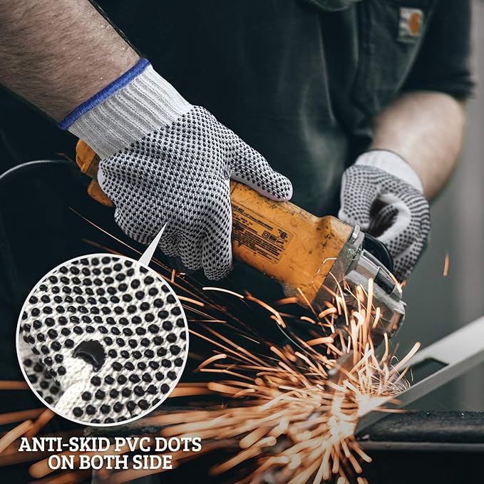 Evridwear Cotton Polyester String Knit Shell Safety Protection Work Gloves for Painter Mechanic Industrial Warehouse Gardening Construction Men One Case (12 PairsX16) With Two Side dots, L Size