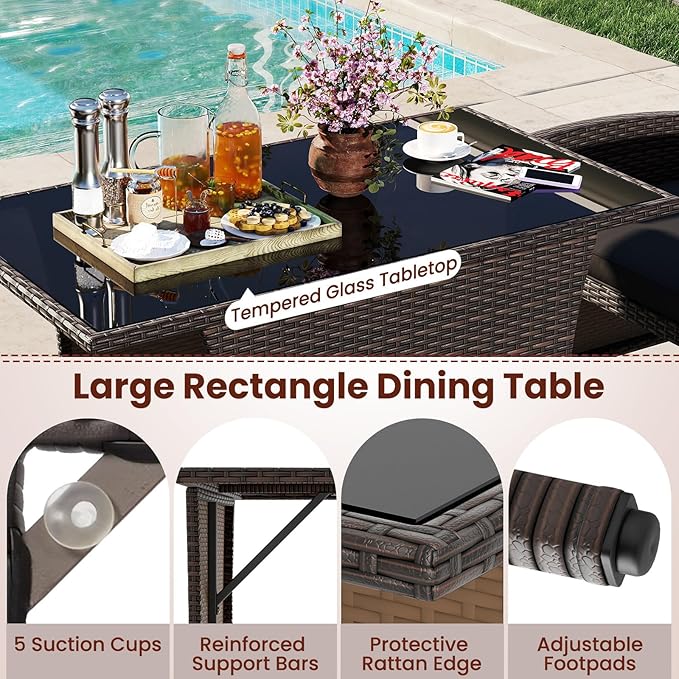 Tangkula 3 Piece Patio Wicker Dining Set, 2 Rattan Chairs with Rectangle Tempered Glass Dining Table, Outdoor Conversation Set with Cushions for Backyard, Porch, Poolside