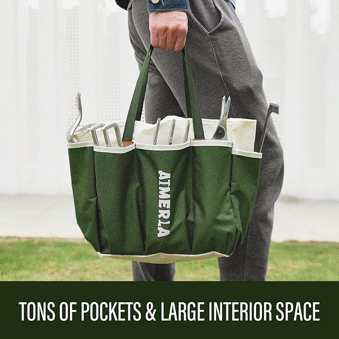 Aimerla Gardening Tools Set of 9 Heavy Duty Garden Tools with Non-Slip Rubber Grip with Large Garden Bag for Tools Durable Hand Tools for Gardening, Weeding,Gardening Gifts for Women,Men (Dark Green)