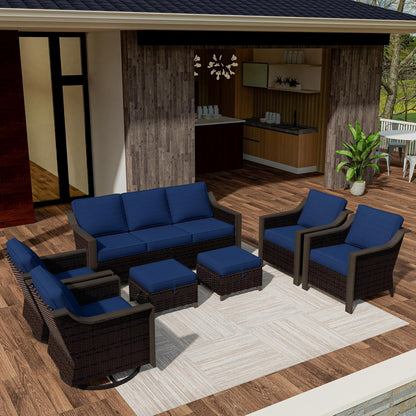 7 PCS Wicker Patio Conversation Set, All-Weather Use Outdoor 2 PE Rattan Swivel Chair, 2 PE Rattan Chair, 2 Ottoman, 1 Patio Sofa, Removable Water-Resistant Cushion, Blue