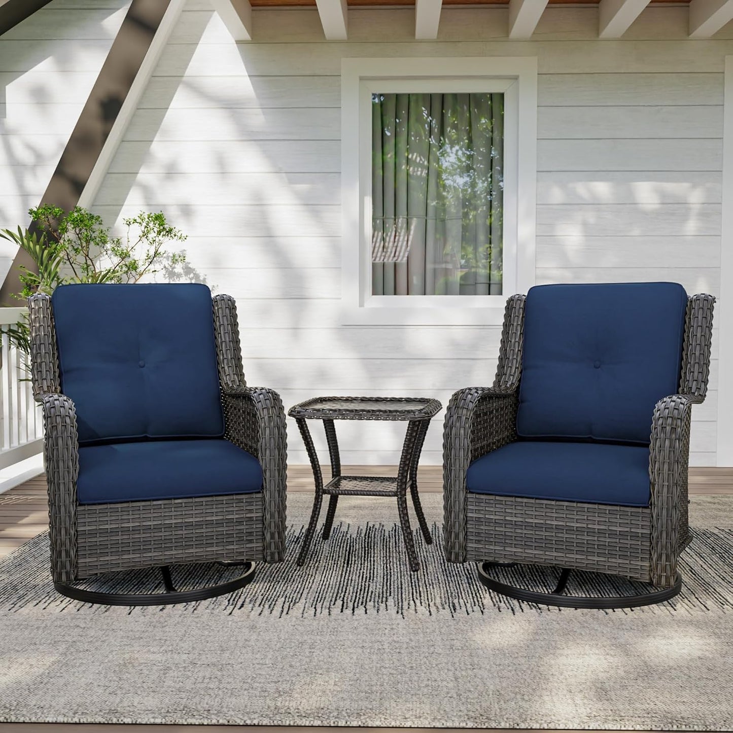 3 Pieces Outdoor Furniture Set - Patio Wicker Swivel Rocker Chair Set of 2 and 1 Side Table, Blue, Mixed Brown Rattan, Suitable for Porch, Yard