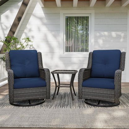 3 Pieces Outdoor Furniture Set - Patio Wicker Swivel Rocker Chair Set of 2 and 1 Side Table, Blue, Mixed Brown Rattan, Suitable for Porch, Yard
