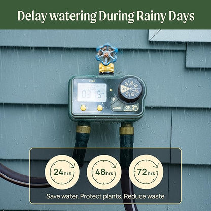 Vego 2 Zone Sprinkler Timer with Brass Inlet- Watering Timer for Garden Hose with Dual Channel Programmable Rain Delay/Manual Watering/Automatic Irrigation - Water Hose Timer for Yard Lawn