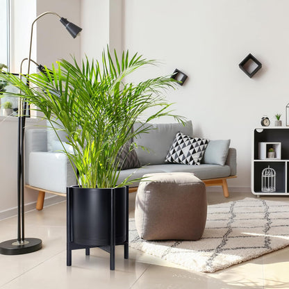 D'vine Dev Planter Pot with Stand - 14 Inch Plastic Cylinder Flower Pot with Wood Planter Holder for Indoor, Matte Black Pot + Ebony Stand, 55-C-T-2