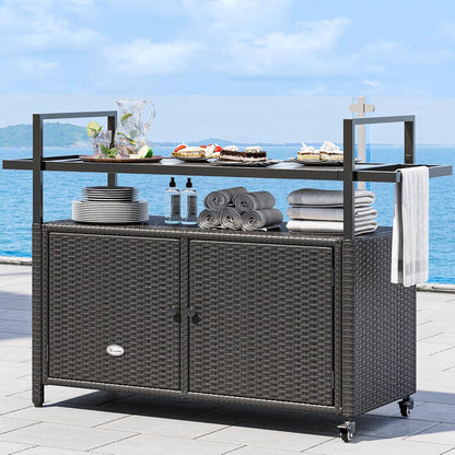 YITAHOME Large Outdoor Kitchen Wicker Island Rolling Cart, Patio Bar Table with Thickened Frame, Patio Storage Cabinet w/Wheels and Black Glass Table Top Backyard and Poolside Dark Brown