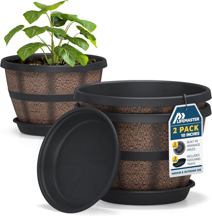 10-Inch Whiskey Barrel Planters Outdoor Pack of 2 - Durable Plastic Plant Pots for Indoor & Outdoor Use with Drainage & Saucer, Lightweight Rustic Barrel Planters for Flowers, Herbs & Small Plants