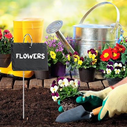 12 Sets Plant Labels Slate Plant Tags Garden Sign Marker Weatherproof Reusable Natural Slate Garden Sign Hanging Tag with Metal Stake and Pen for Outdoor Flower Vegetable(Rectangle)
