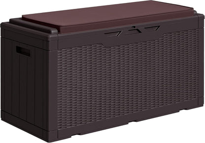 Greesum 100 Gallon Resin Deck Box Large Outdoor Storage with Cushions for Patio Furniture, Garden Tools, Pool Supplies, Weatherproof and UV Resistant, Lockable, Dark Brown