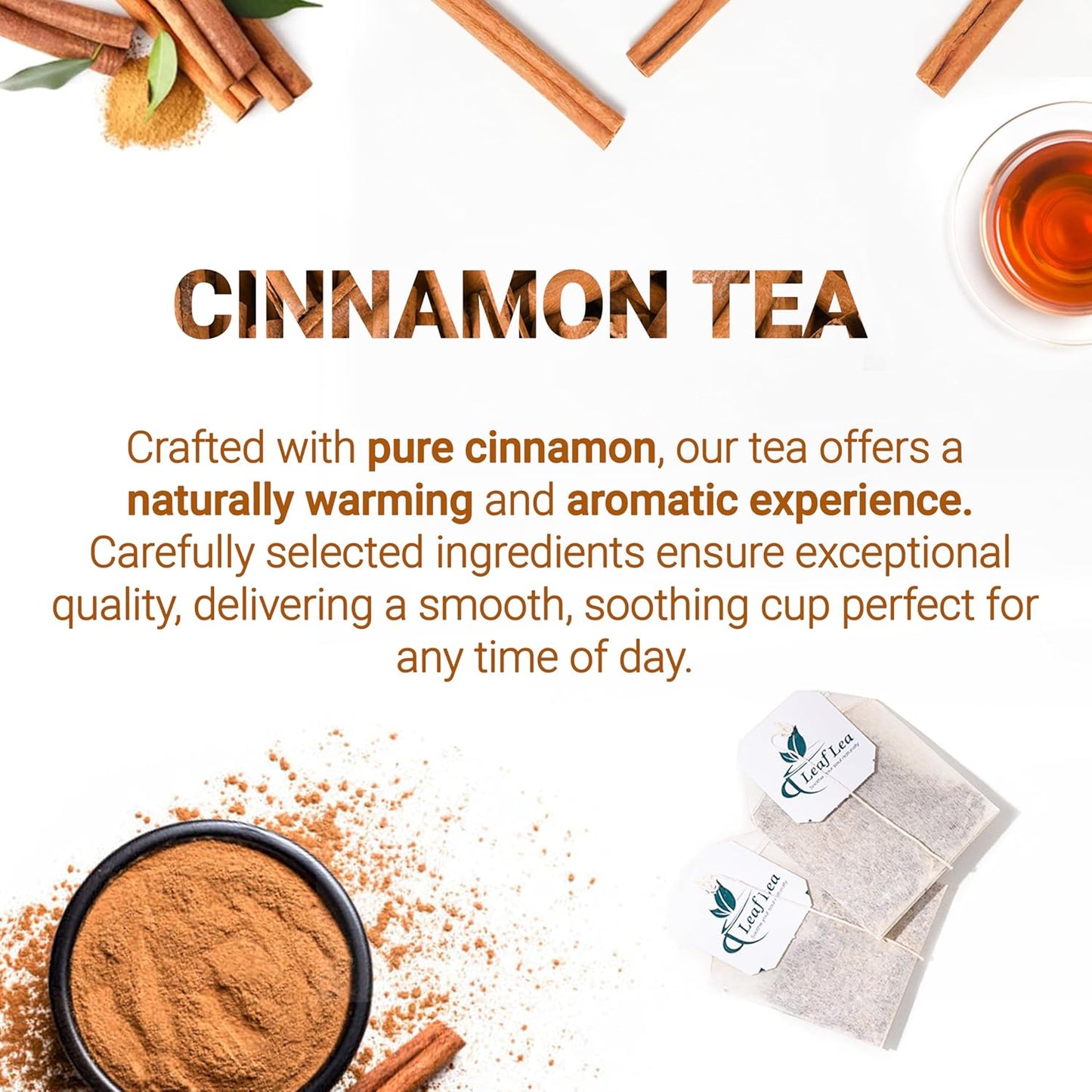 LeafLea 40 Cinnamon Tea Bags, 100% Natural Ground Cinnamon Stick Herbal Tea, Spiced and Warming Flavor for Relaxation, Caffeine-Free, Sugar-Free, Non-GMO, Vegan