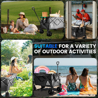 Wagon Cart Shopping Foldable Folding Collapsible with Wheels Big On Beach Garden Outdoor Grocery Heavy Duty Utility All Terrain Portable Wagons Carts for Groceries Sand Camping Sports Black