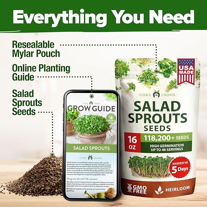 HOME GROWN Premium Sprouting Seeds Mix - Microgreens Seeds for Indoor Growing - Non-GMO Broccoli, Alfalfa, Radish, Clover Sprouts Seed - 16oz Resealable Pack for Healthy Salad & Juicing