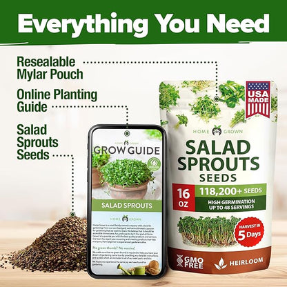 HOME GROWN Premium Sprouting Seeds Mix - Microgreens Seeds for Indoor Growing - Non-GMO Broccoli, Alfalfa, Radish, Clover Sprouts Seed - 16oz Resealable Pack for Healthy Salad & Juicing