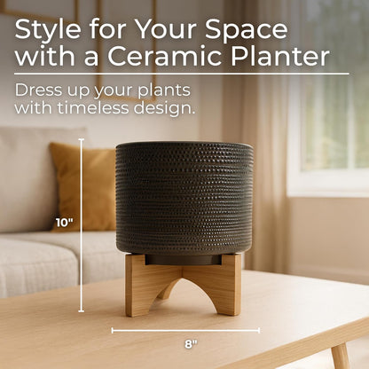 Sagebrook Home Ceramic Planter with Bamboo Stand - Textured Mid-Century Modern Plant Pot for Indoor & Outdoor Home Garden Decor - 10" Green